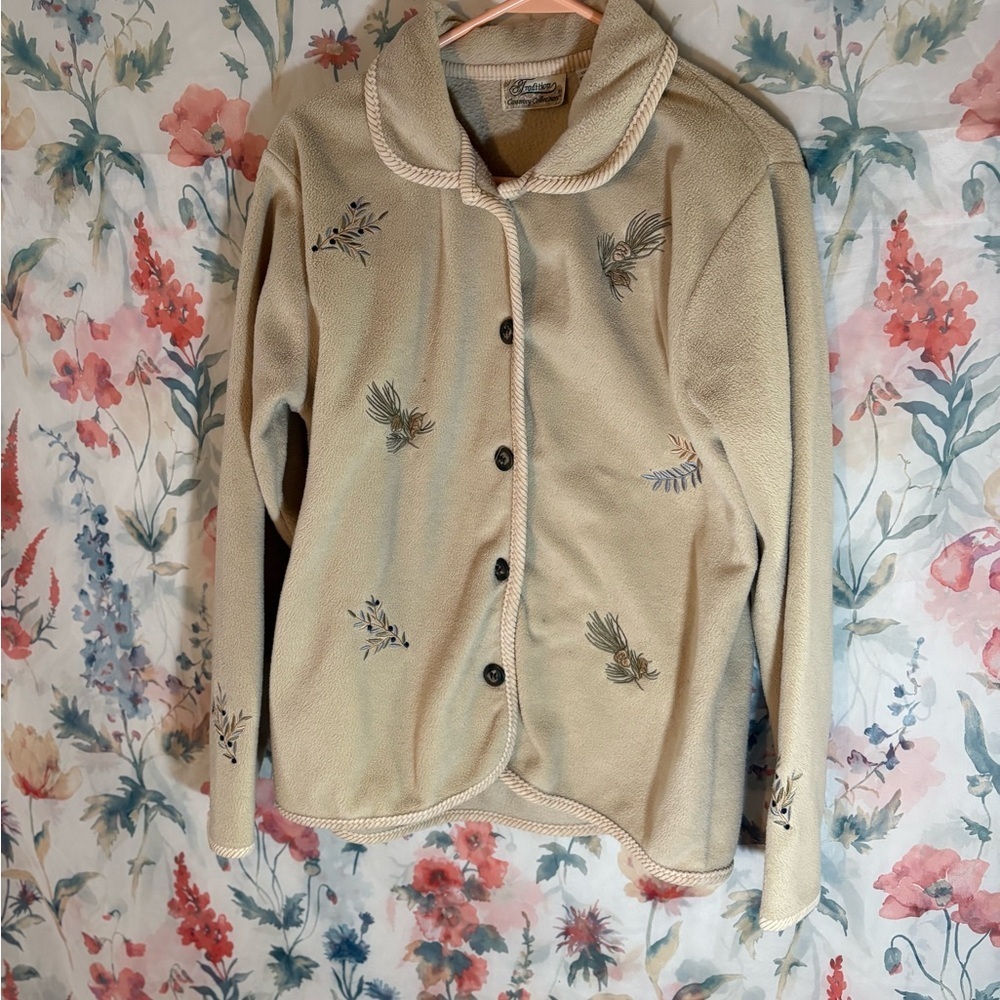 Vintage Embroidered Beige Button-Up Cardigan